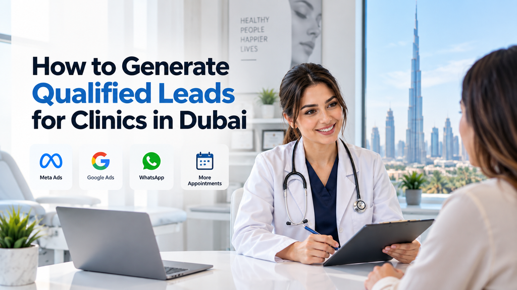 Lead Generation Expert A doctor consulting a patient in a Dubai clinic with icons for Meta Ads, Google Ads, and WhatsApp to generate qualified medical leads.